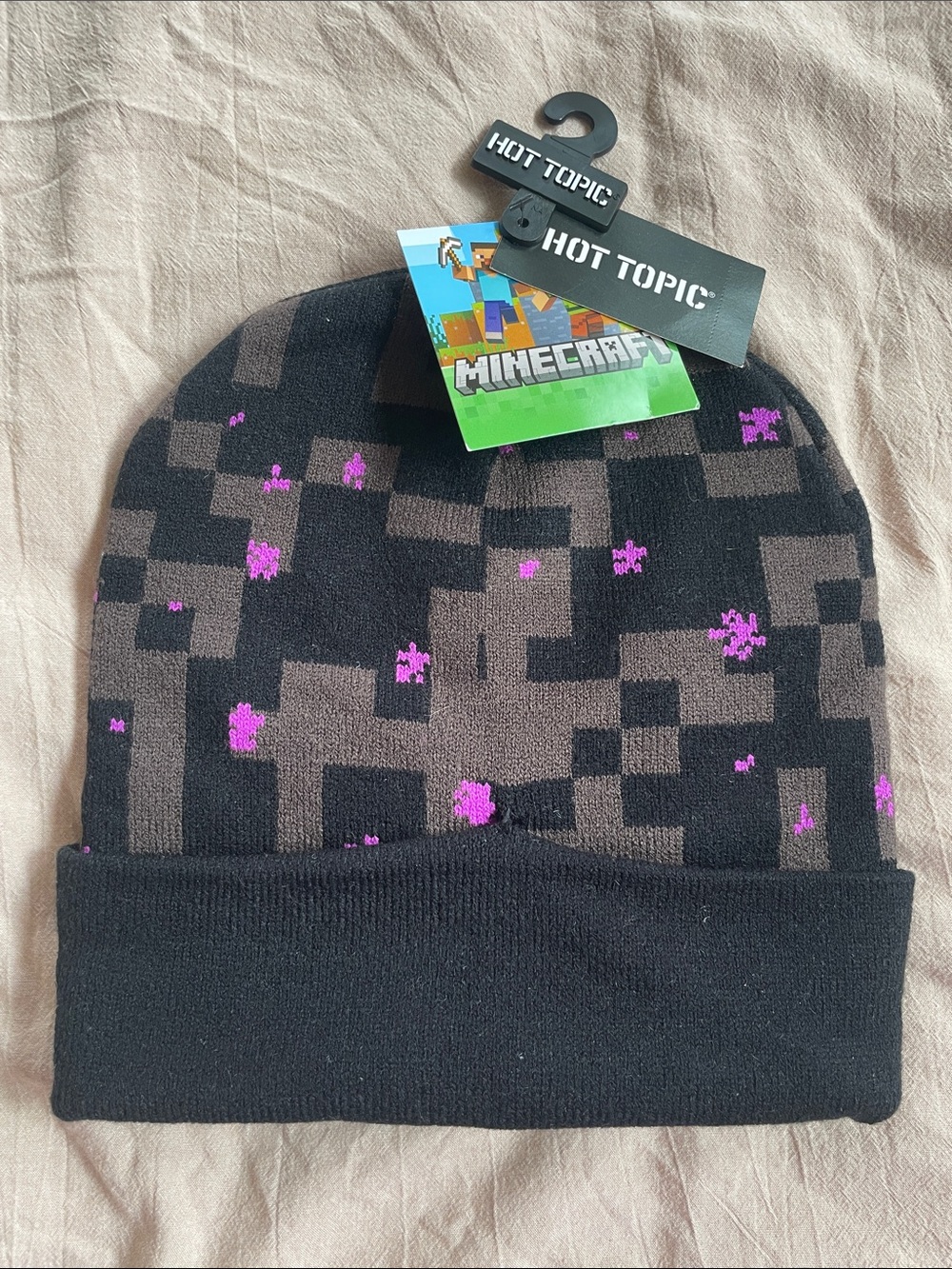 Hot Topic Black & Purple Minecraft Pixel Beanie for Kids